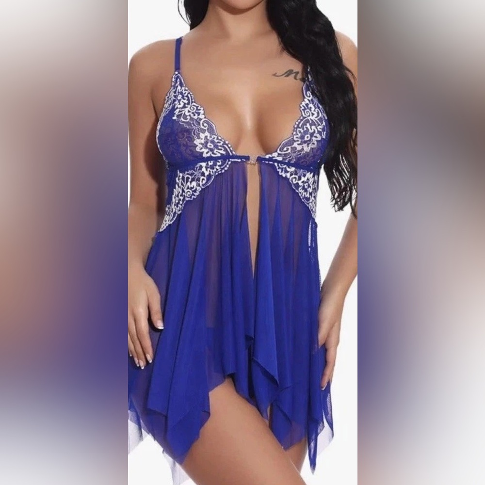 Kloer Lingerie Babydoll Chemise Lace Sleepwear Boudoir Outfit Sz XXL Royal Blue